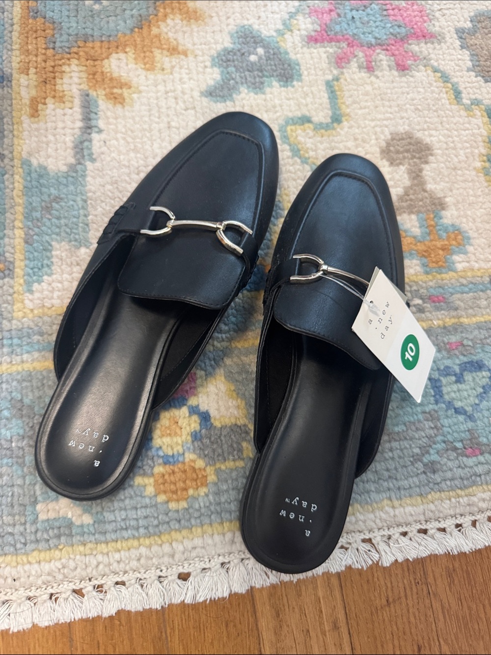 a new day Black Leather Mule Loafers with Silver Bit